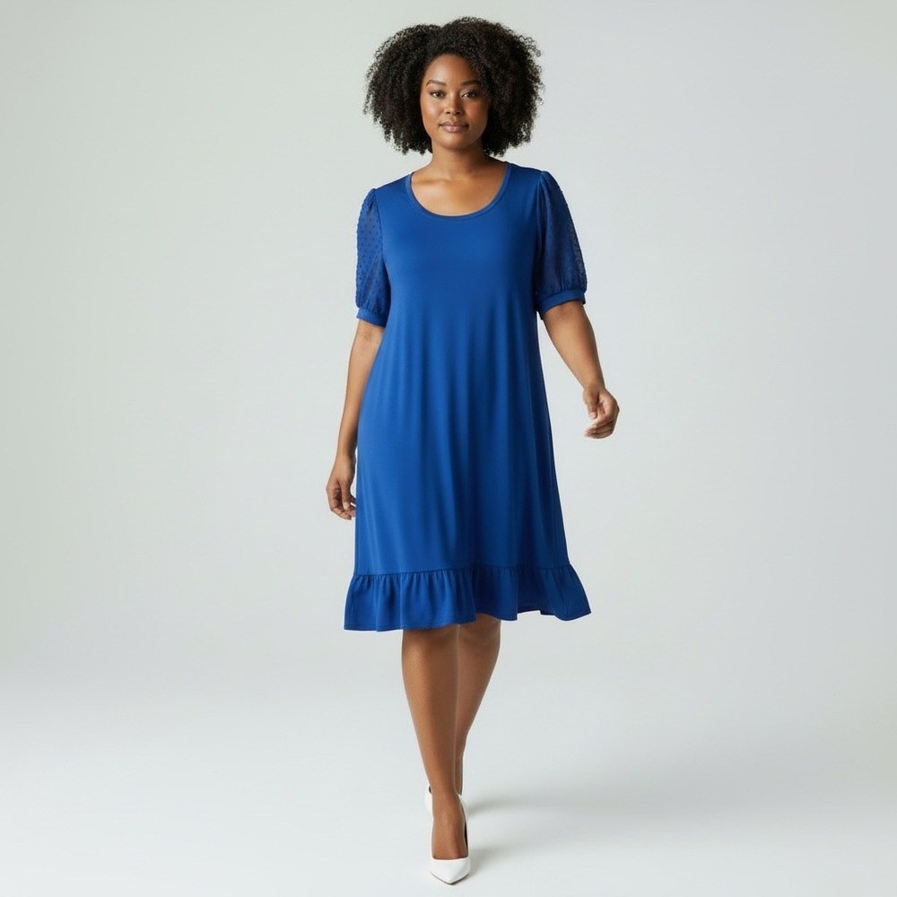 CeCe Mixed Media Puff Sleeve Clip Dot Dress‎ Sheer Sleeve Size L Deep Royal Blue